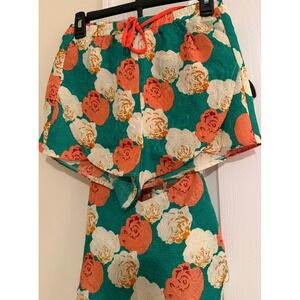Floral Brocade Two Piece Set Teal Orange Rose Crop Top‎ and Shorts Co-ord small